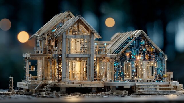 Envisioning tomorrow's homes: the blueprint to reality. Human robot. Vibrant building concept showcasing dynamic house model designs. Digital innovation. Futuristic technology.
