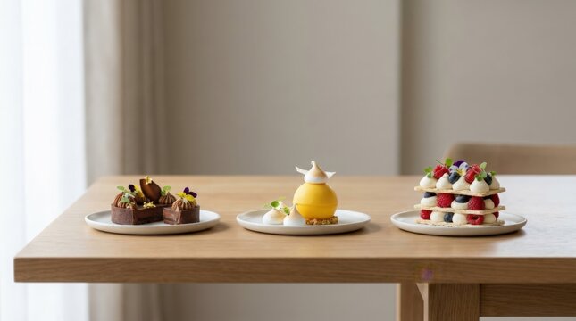 Elegant Desserts Arranged on Plates on a Wooden Table Surface