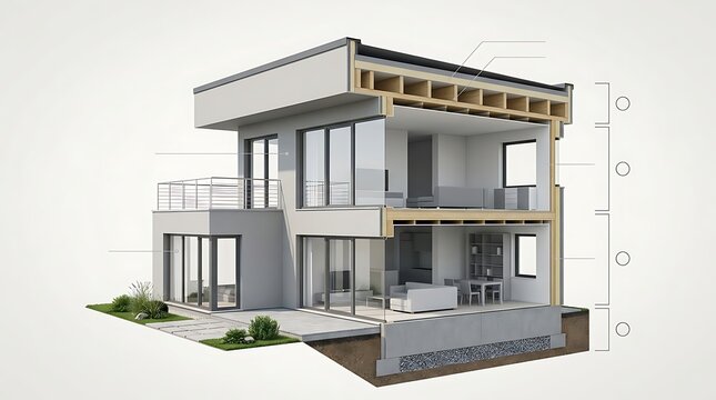 Modern house architectural cross section showing interior structure