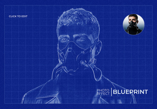 Blueprint Photo Effect with Cyberpunk Mask Portrait