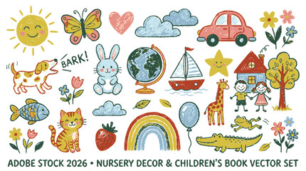 Naklejka premium Vibrant hand drawn nursery doodles collection playful animal and nature elements for creative children education project design