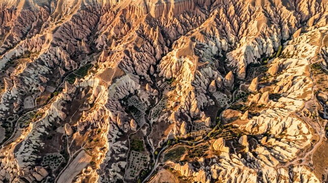 True vertical satellite-style sunrise view of Cappadocia showcasing fairy chimneys, eroded valleys, volcanic tuff formations, vineyards, and rich natural terrain textures.