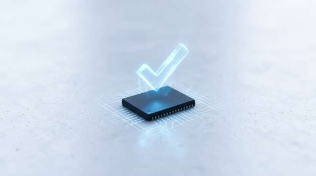 Microchip quality audit concept with glowing checkmark symbolizing approval and assurance in technology and electronics industry
