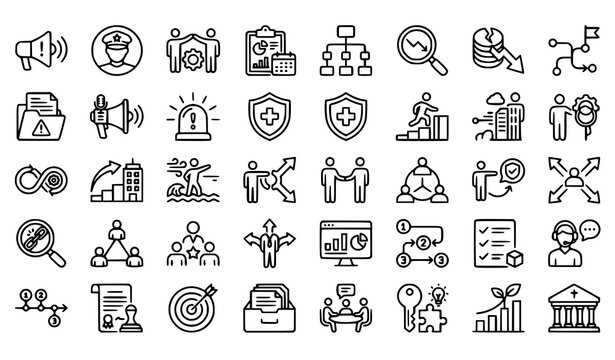 Crisis Management Linear Icon Pack with Editable Stroke for Business Continuity Risk Analysis Emergency Coordination and Organizational Resilience