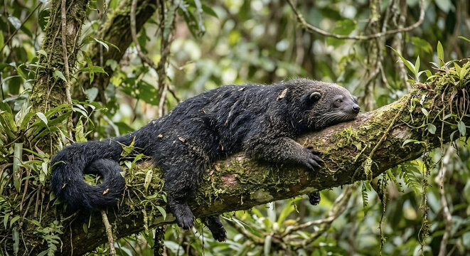 Binturong Resting Naturally Across a Thick Rainforest Branch Beneath a Humid Canopy