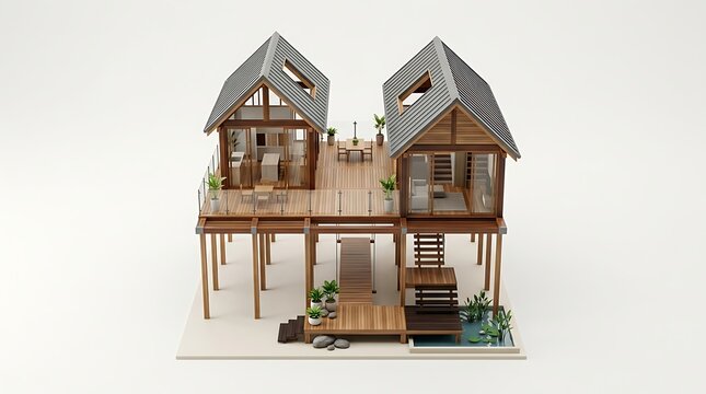 Modern wooden stilt house architectural model on white background