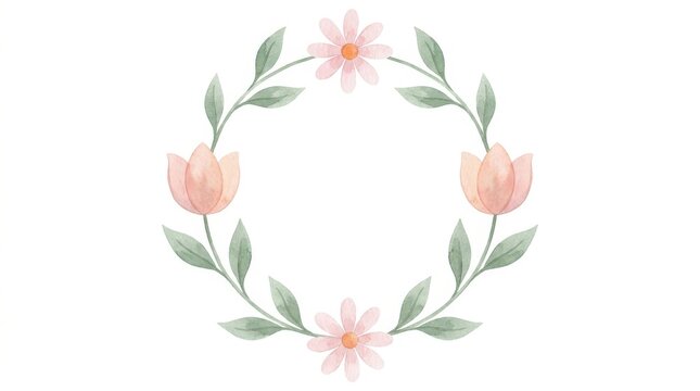 Watercolor floral wreath with pink flowers and green leaves isolated on white background