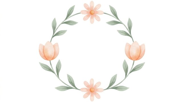 Watercolor floral wreath with pink flowers and green leaves isolated on white background