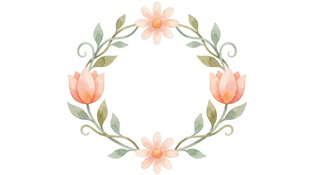 Watercolor floral wreath with pink flowers and green leaves