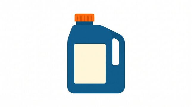 Flat vector icon of a blue engine oil jug with orange cap and handle. Blank label on front. Clean design on white background. Symbol for automotive fluids and maintenance.
