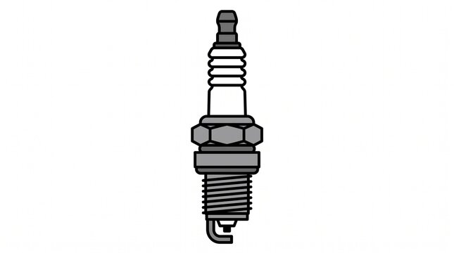Flat vector icon of a car spark plug. Gray metal body with white insulator and threaded tip on white background. Symbol for engine, ignition and automotive parts.