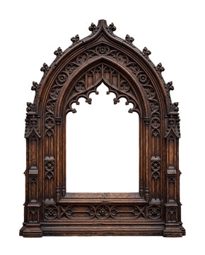 Antique gothic arch picture frame, carved vintage gold wooden frame isolated, classical victorian baroque framework, museum gallery border mockup.