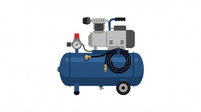 Blue flat vector icon of a portable air compressor. Shows tank, motor, pressure gauge, hose and wheels. Clean design on white background for tools and industry.