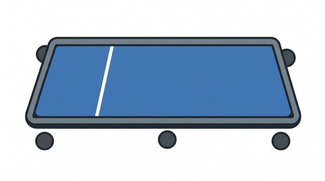 Flat vector icon of a blue ping pong table. Gray frame with white center line and 6 black legs. Clean design on white background for sports, games and recreation.