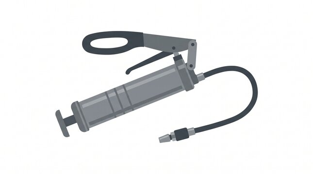 Gray flat vector of a manual grease gun. Has handle, trigger, cylinder and flexible hose with nozzle. Tool icon for lubrication and automotive maintenance.