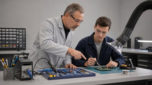 Senior technician guiding colleague during circuit board soldering