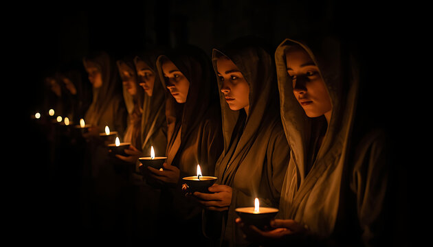 This image shows a line of women in hooded robes holding lit oil lamps, a scene often associated with biblical parables
