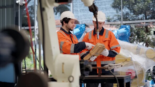 Two robotic technician testing robot welding before delivery, supporting inspection, programming, calibration, safety, quality assurance, commissioning.