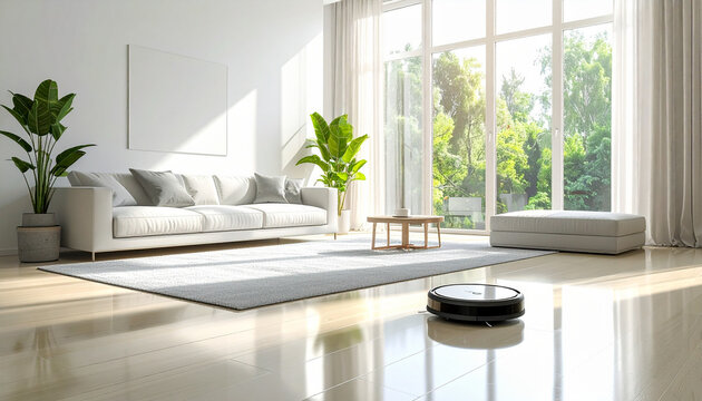 Smart Robot Vacuum in a Green Modern Home Representing Efficient and Sustainable Living
緑のある住空間とロボット掃除機 効率的でサステナブルな暮らしのイメージ