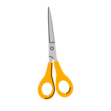 Orange scissors with closed steel blades isolated on a white background. Flat vector illustration of a cutting tool for crafts, school activities, sewing and creative work.