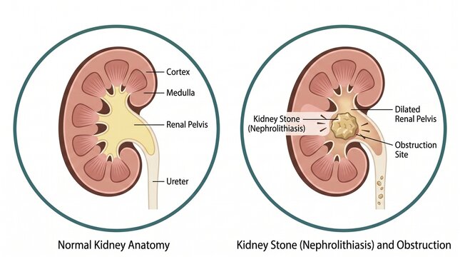Medical kidney anatomy diagram, nephrolithiasis and kidney stone obstruction illustration, renal pelvis and cortex cross section