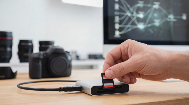 Person inserting sd card into card reader on wooden desk in office with camera equipment