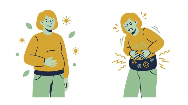 Stomach ache and healthy digestion comparison, woman with abdominal pain and bloating, digestive health and gut wellness concept