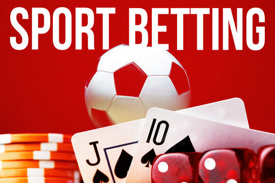 Sport betting with soccer ball, playing cards, dice, and chips on a red background