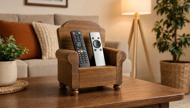 Wooden remote control holder shaped like a miniature armchair holding two controllers on a table
