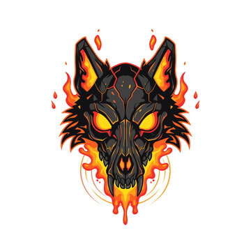 Wolf skull icon radiates intense yellow glowing energy as it is surrounded by licking tongues of digital fire.