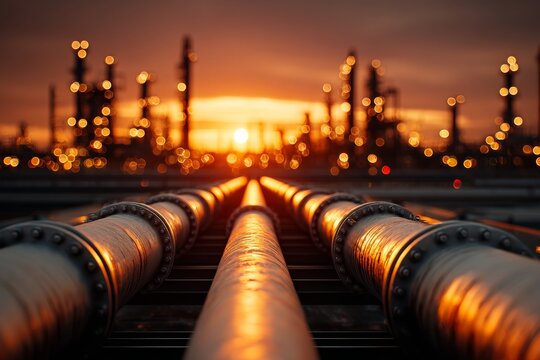 Twilight reflections on steel colossi at the refinery. Financial planning. Endless steel pipes stretching across an oil refinery as the sun sets. Profit potential. Portfolio growth.