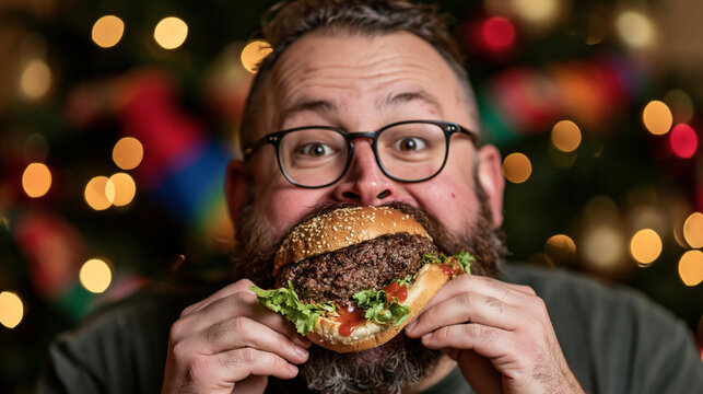 Man with oversized burger and fast food spread, gluttony and excess concept.