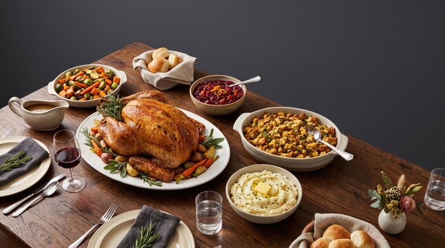 Traditional roasted turkey dinner with side dishes served on a rustic wooden table for thanksgiving day celebration