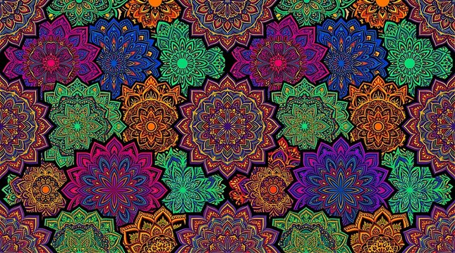 Vibrant seamless mandala pattern with intricate ethnic floral motifs
