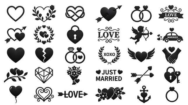 Vintage wedding icons set, black romantic heart symbols collection, 30 decorative love elements for marriage invitations and valentines day isolated PNG with Transparent Background
