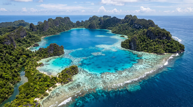 Aerial view of vibrant blue lagoon surrounded by coral reefs and dense tropical coastal jungle in Raja Ampat Indonesia, turquoise ocean, exotic island paradise, marine ecosystem and natural beauty