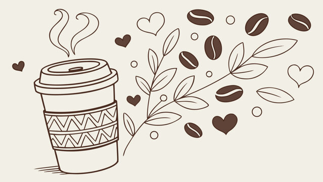 Coffee cup with steaming hot coffee, coffee beans and leaves for coffee day celebration in minimalist illustration
