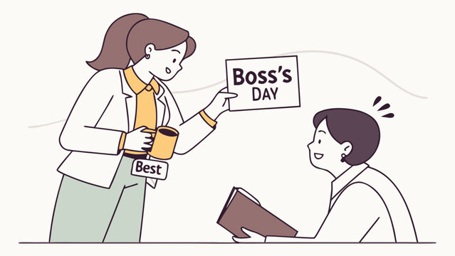 Employee giving gift to manager for boss's day celebration with appreciation and workplace gratitude in minimalist illustration