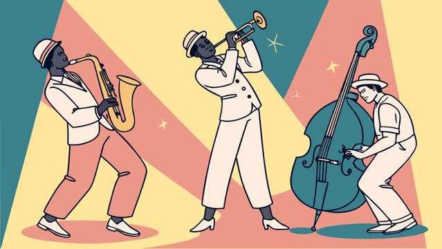 Jazz band performing live on stage with saxophone, trumpet and double bass in minimalist illustration