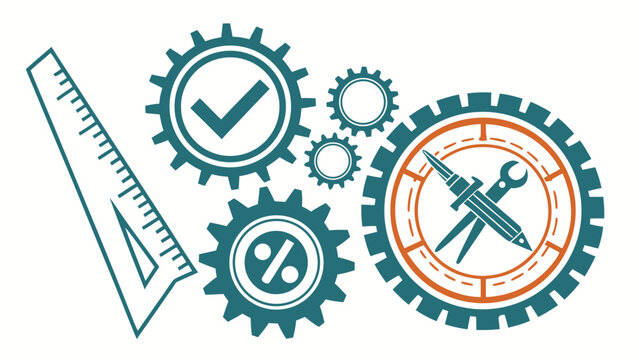 Engineering tools with gears, ruler, wrench and quality check symbol in minimalist illustration