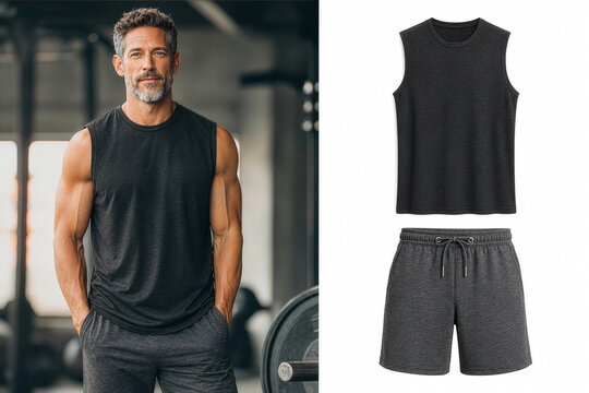 Fit mature man wearing black sleeveless gym top and shorts in a fitness club with product flat lay mockup isolated on white background