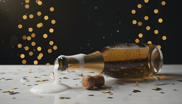 An uncorked champagne bottle lying on its side spilling bubbly foam on a marble table with golden confetti for a festive New Year celebration concept