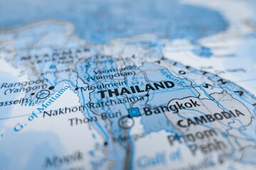 Naklejka premium Map of Thailand styled in grey color. Selective focus on label, close-up view