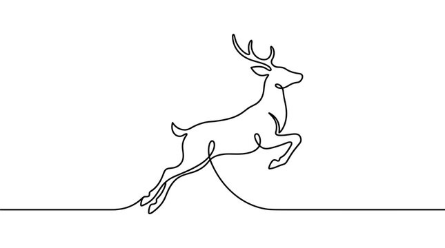 Minimalist one line drawing of jumping deer with antlers isolated on plain white background