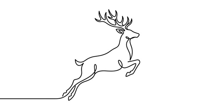 Minimalist continuous line art of jumping deer buck silhouette isolated on white background