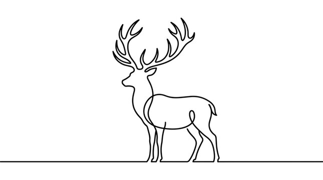 Minimalist continuous single line drawing of majestic deer with large antlers in profile