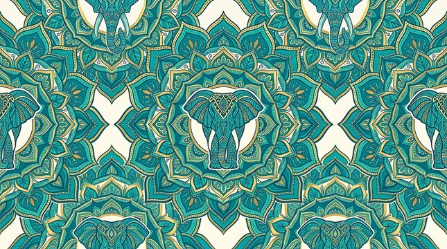 Ornate elephant mandala seamless pattern in teal and gold