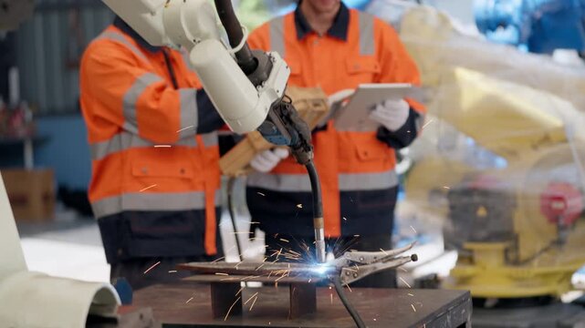 Selective focus, Welding robot torch operate welding sparks on clamped steel fixture test while two robotic technicians using teach pendant and digital tablet for calibration, robotic programming.