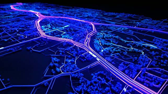 Glowing blue city map with purple highway network and digital route lines for smart transportation, urban technology, and data visualization.

