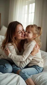 Joyful mother hugging and kissing daughter, enjoying a casual and fun moment sitting on bed in cozy bedroom, expressing confident love and positive family relationship..